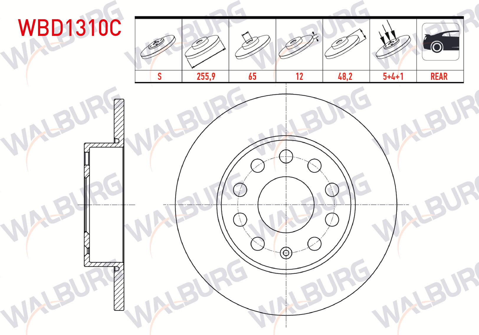 WALBURG WBD1310C | Fren Diski Arka Düz Kaplamalı 5 Bjn 255,9X12x65x48,2 Golf V-VI 1.4 TSI-1.6 TDI 2003-2013 / Caddy III 1.6 TDI-1.9 TDI 2004-201 / Jetta III 1.4 TSI-1.6İ 2005-2010 / Touran 1.4 TSI-1.6 TSI-2.0 TDI 2003-20