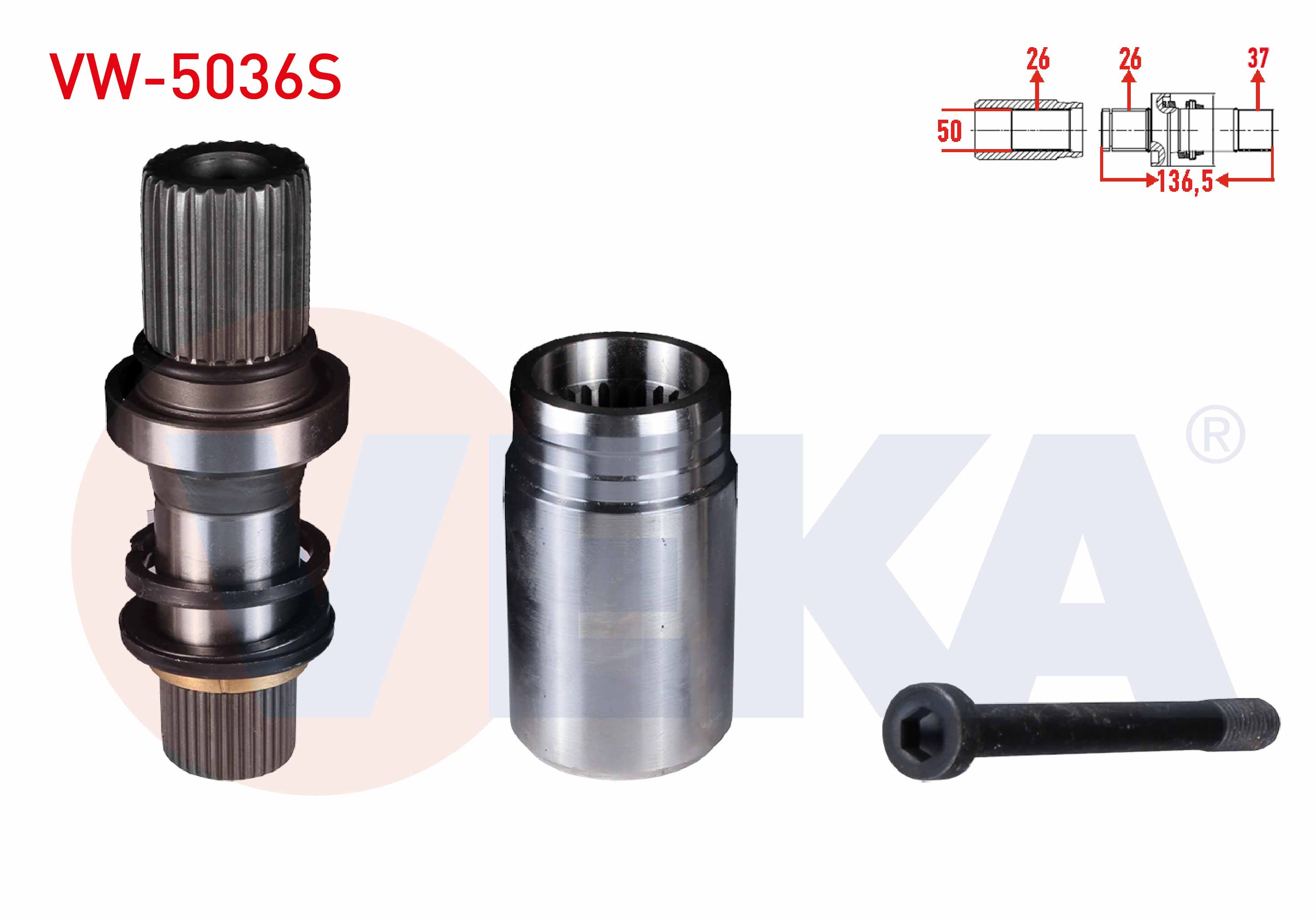 VEKA VW-5036S | Aks Kafası Sağ On Ic Freze Ek Mili Kit 26X37x50 Uzunluk 136,5mm VW Transporter T5 1.9 TDI 105 Hp 5 İleri 2003-2011