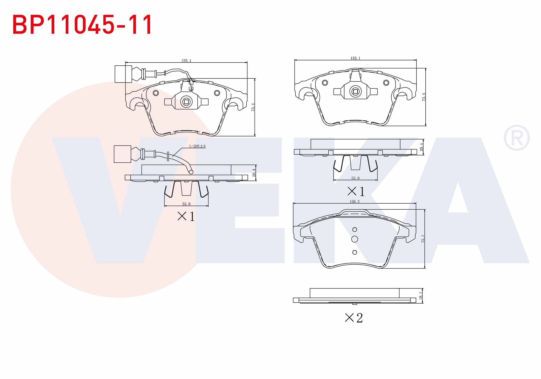 VEKA BP11045-11 | Fren Balata Ön Fişli Volkswagen Transporter V 1.9 TDI 2003-2011 / Transporter V 2.5 TDI 2003-2011 / Transporter VI 2.0 TDI 2009-/ Transporter VI 2.0 TDI Bıtdı 2009 -