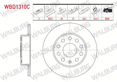 WALBURG WBD1310C | Fren Diski Arka Düz Kaplamalı 5 Bjn 255,9X12x65x48,2 Golf V-VI 1.4 TSI-1.6 TDI 2003-2013 / Caddy III 1.6 TDI-1.9 TDI 2004-201 / Jetta III 1.4 TSI-1.6İ 2005-2010 / Touran 1.4 TSI-1.6 TSI-2.0 TDI 2003-20